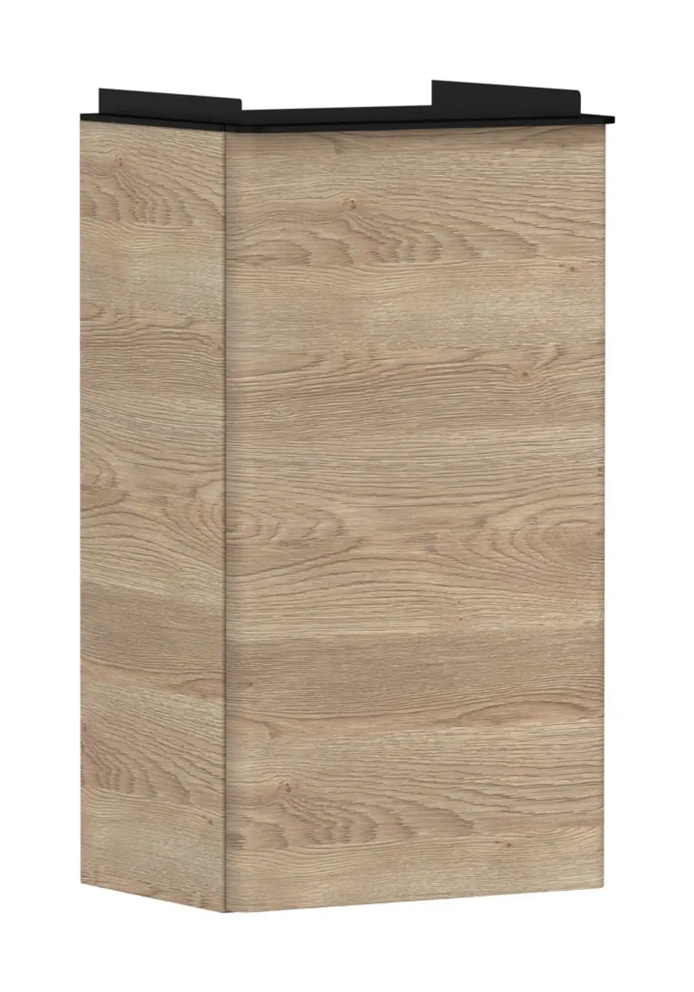 Hölzerner Waschtischunterschrank in Eiche-Natur-Optik mit schwarzem Oberteil, zur linken Öffnung. Teil der Hansgrohe Xelu-Serie für Handwaschbecken.